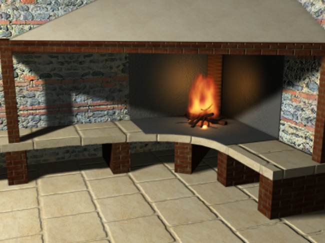 Projet de cheminée - H 225 cm / L 200 cm / P 200 cm - matériaux : beton, metal, brique, brique refractaire, pierre